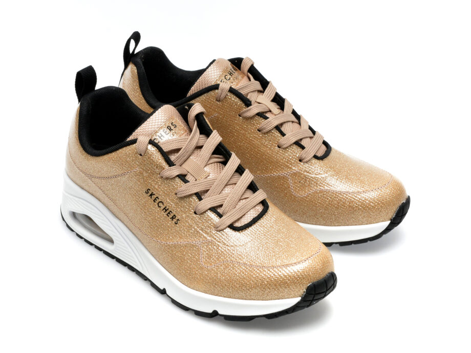 Comandă Încălțăminte Damă, la Reducere  Pantofi sport SKECHERS aurii, UNO, din piele ecologica Branduri de top ✓