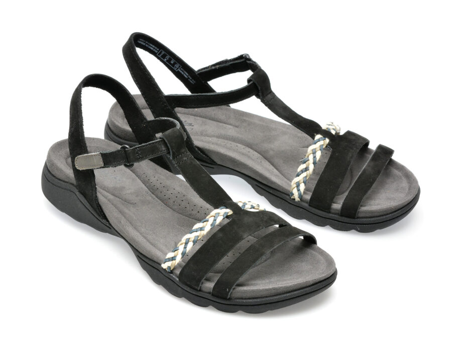 Comandă Încălțăminte Damă, la Reducere  Sandale CLARKS negre, AMANDA TEALITE 0912, din nabuc Branduri de top ✓