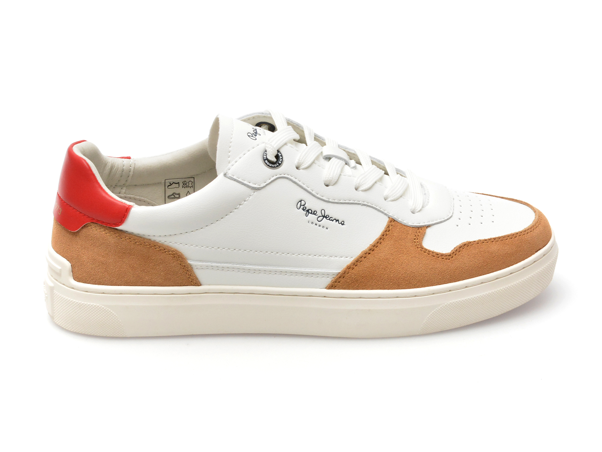 Pantofi PEPE JEANS albi, CAMDEN STREET, din piele naturala