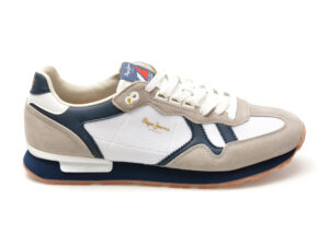 Pantofi sport PEPE JEANS albi, BRIT RETRO, din piele intoarsa