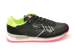Pantofi sport PEPE JEANS negri, BRIT NEON, din material textil