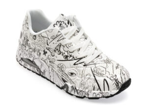 Pantofi sport SKECHERS alb-negru, UNO, din piele ecologica