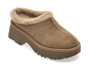 Saboti UGG gri, CLOG, din piele intoarsa
