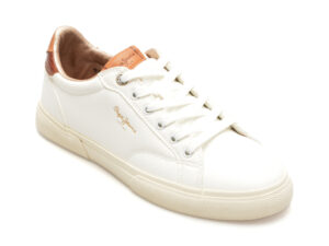 Pantofi PEPE JEANS albi, KENTON STREET, din piele ecologica